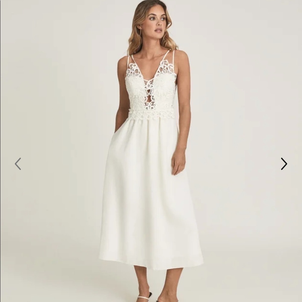 REISS Serena Lace Midi Dress NWT White Crochet Lace Empire Waist Wedding Guest - Picture 2 of 15